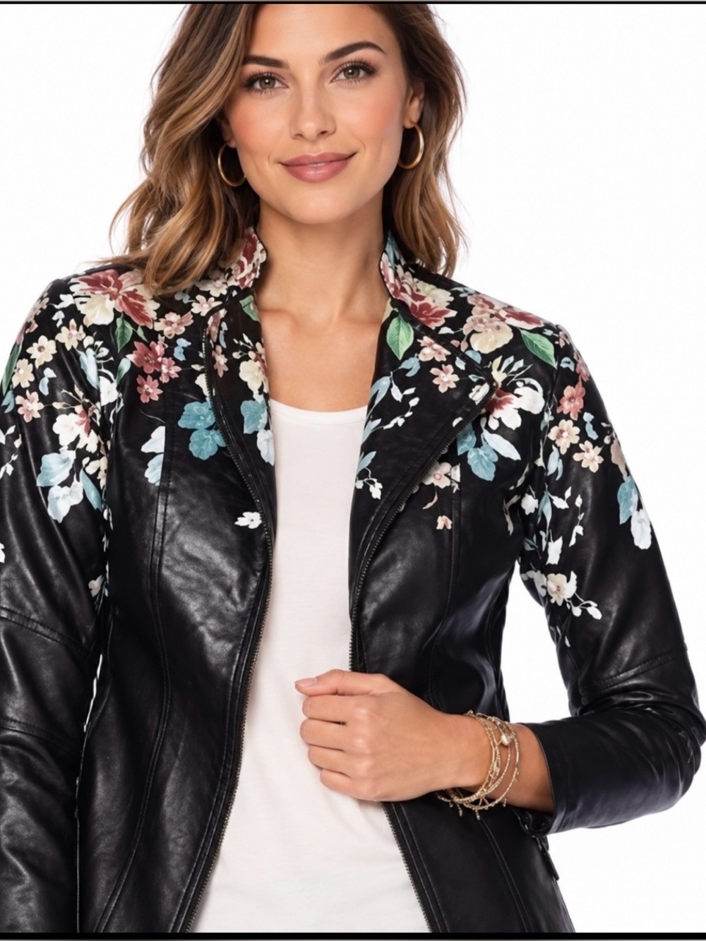 Colleen Lopez Floral Embroidered Faux Leather Moto Jacket